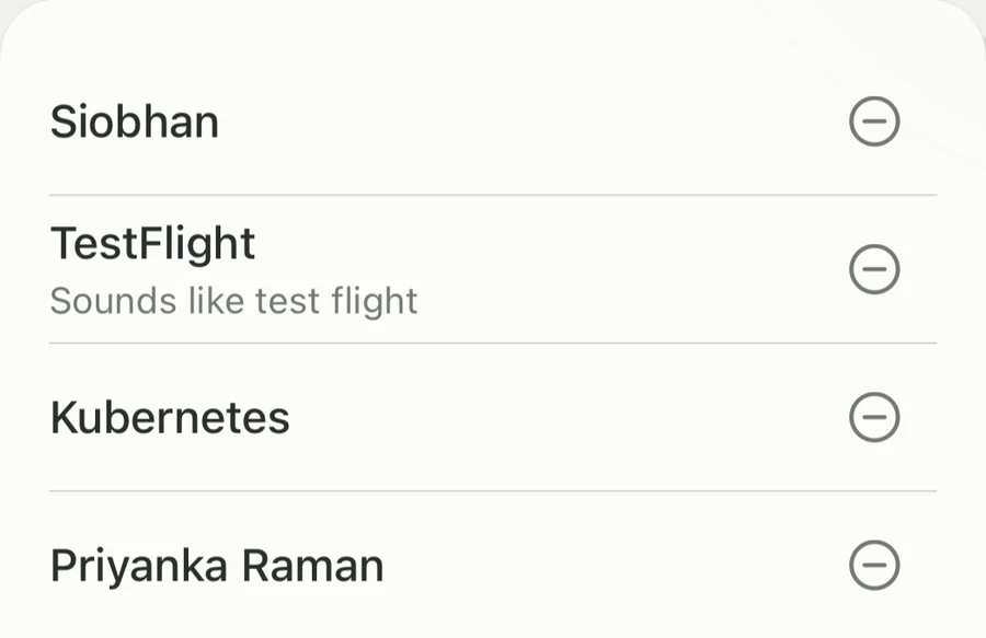 Whispr’s Boosted phrases list: Siobhan, TestFlight (sounds like test flight), Kubernetes and Priyanka Raman