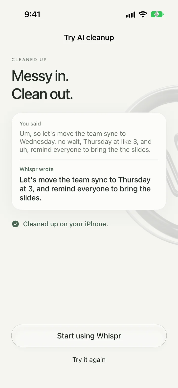 Whispr showing what was said, with fillers and a correction, next to the cleaned-up text it wrote