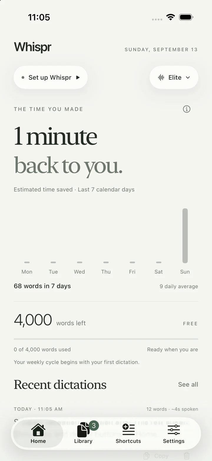 The actual Whispr dashboard showing estimated time saved, weekly words, and recent dictations