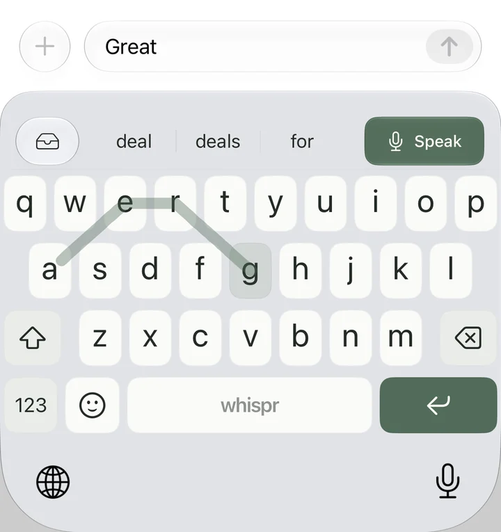 The Whispr keyboard in Messages with a translucent glide trail across the letters