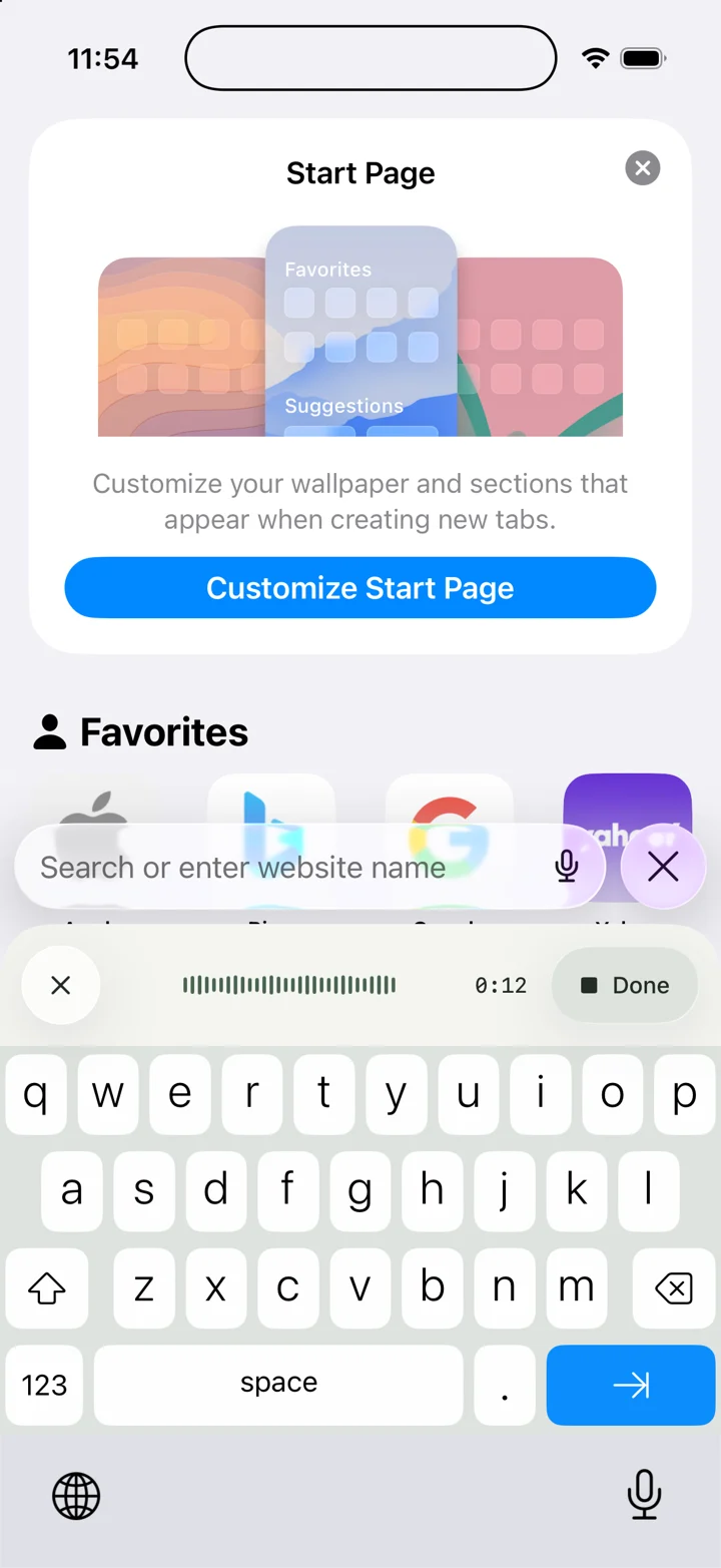 The Whispr iPhone keyboard, showing its recording waveform and Done button